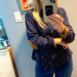 Paris Tempo nave button down. Tobacco color cuffs and elbows